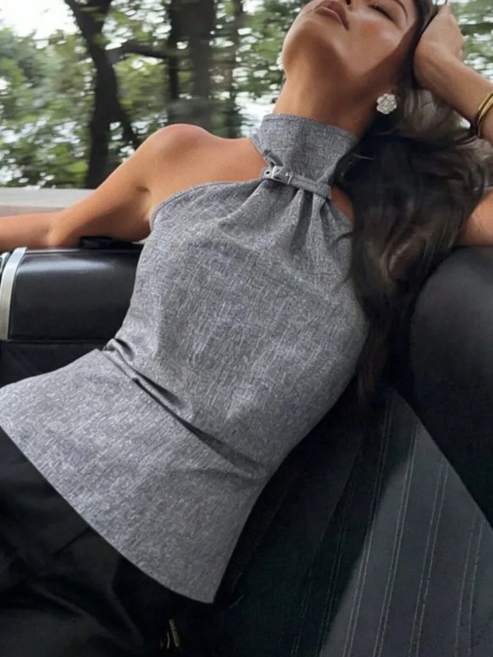 Gray Casual Women's Sleeveless High Neck With Gathering Front Detail - Picture 2 of 11